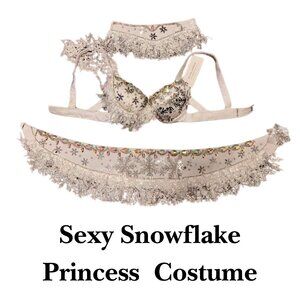 Sexy Sequin Snowflake Costume Set – Bra, Skirt & Neck Piece